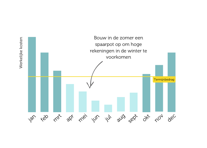 Staafdiagrammen die de werkelijke energiekosten per maand aangeven, waarbij de wintermaanden duurder zijn dan de zomer.